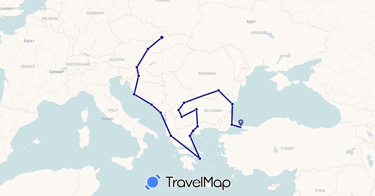 TravelMap itinerary: driving in Albania, Bosnia and Herzegovina, Bulgaria, Greece, Croatia, Montenegro, Macedonia, Romania, Serbia, Slovenia, Slovakia, Turkey, Kosovo (Asia, Europe)
